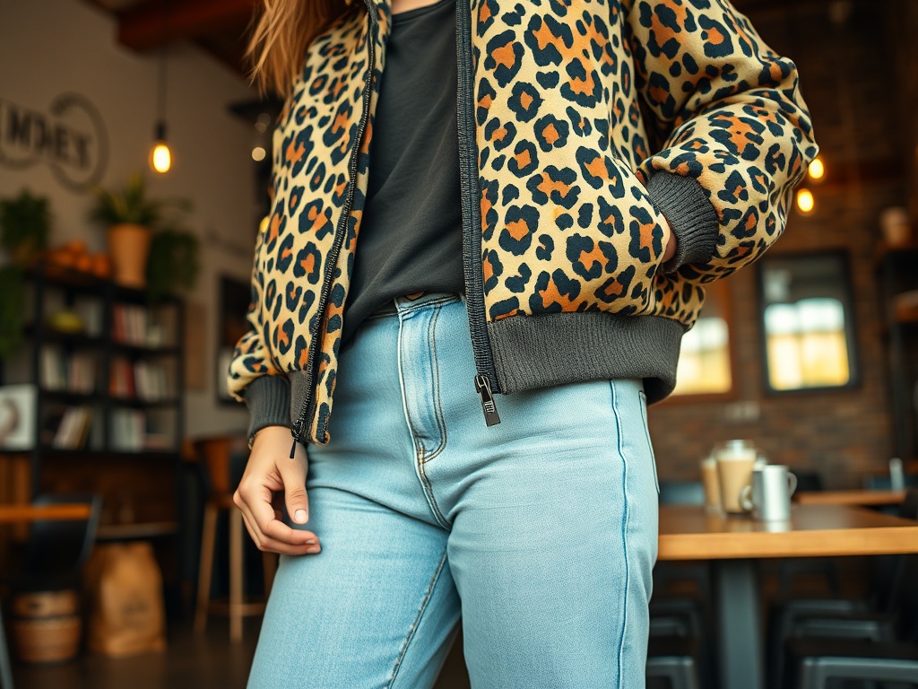 O femeie poartă o jachetă cu model de leopard și blugi deschiși, într-un cafenea confortabilă.