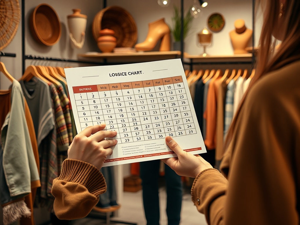 O persoană ținând un calendar cu un grafic de dimensiuni în fața unor haine expuse într-un magazin.