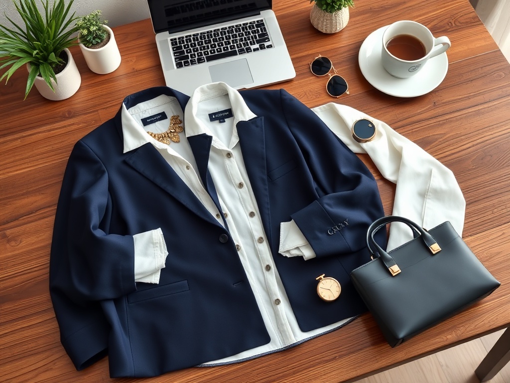 Un sac elegant, un blazer albastru, cămașă albă, o cană de ceai și accesoriile pe un birou din lemn.