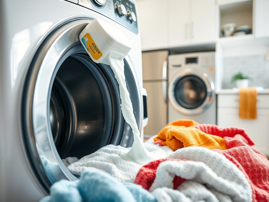 Mașină de spălat cu detergent turnat, rufe colorate și prosoape desfăcute în bucătărie modernă.