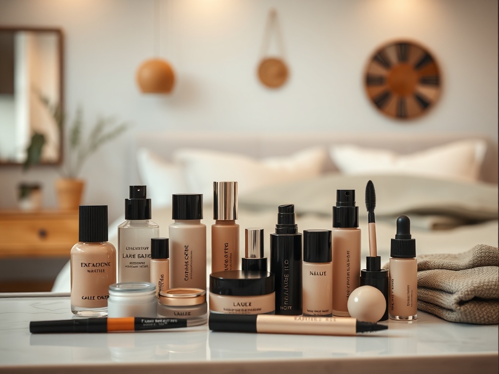 Produse cosmetice aranjate pe o masă, cu un decor modern și o atmosferă calmă în fundal.