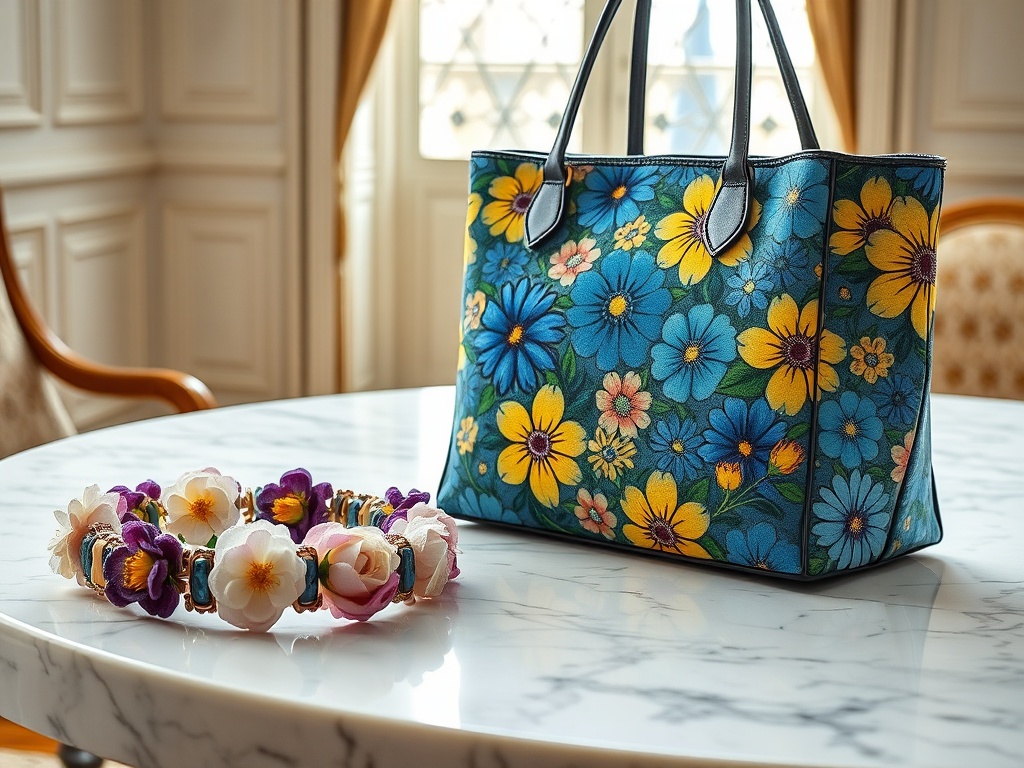 O geantă florală albastră și galbenă stă pe o masă din marmură, lângă o coronită de flori colorate.