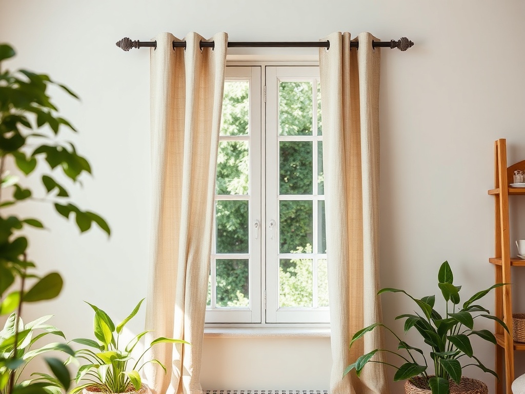 Fereastră cu perdele deschise, înconjurată de plante decorative, oferind o atmosferă luminoasă și primitoare.