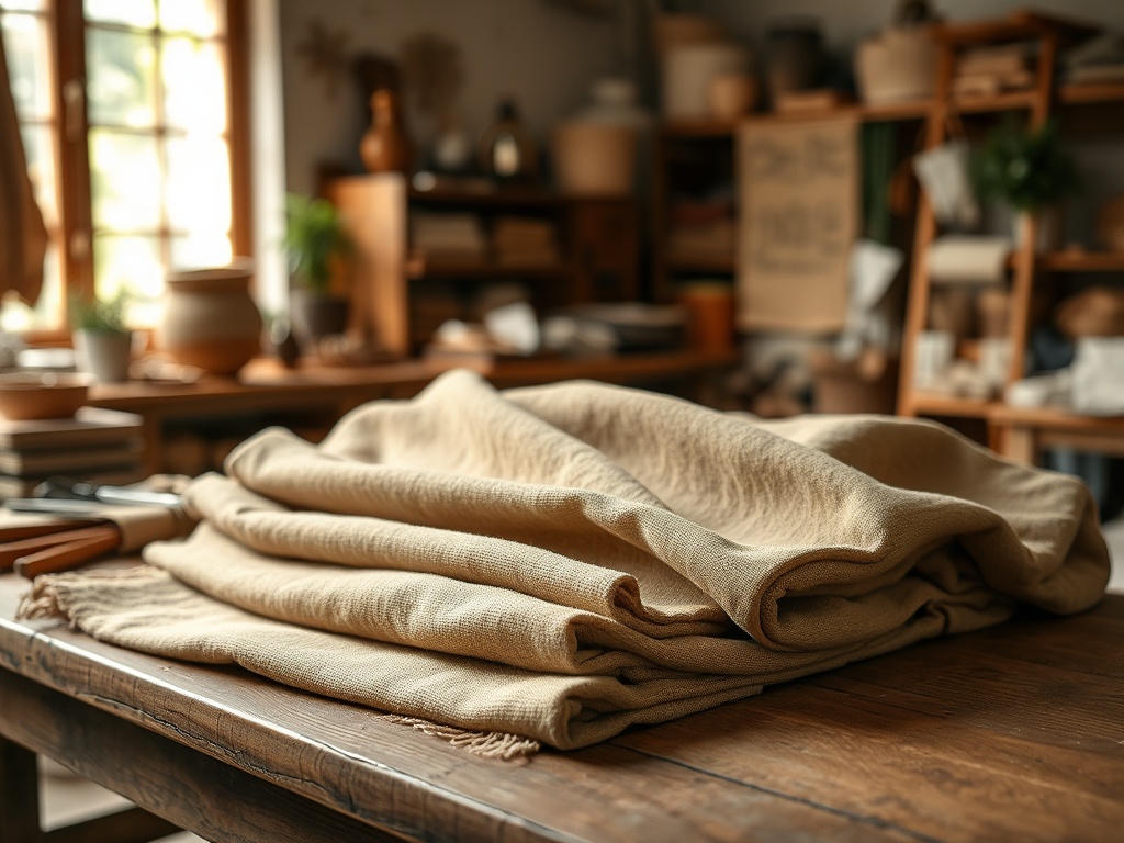 Materiale textile natural, pliate pe o masă din lemn, în fundal un decor rustic.