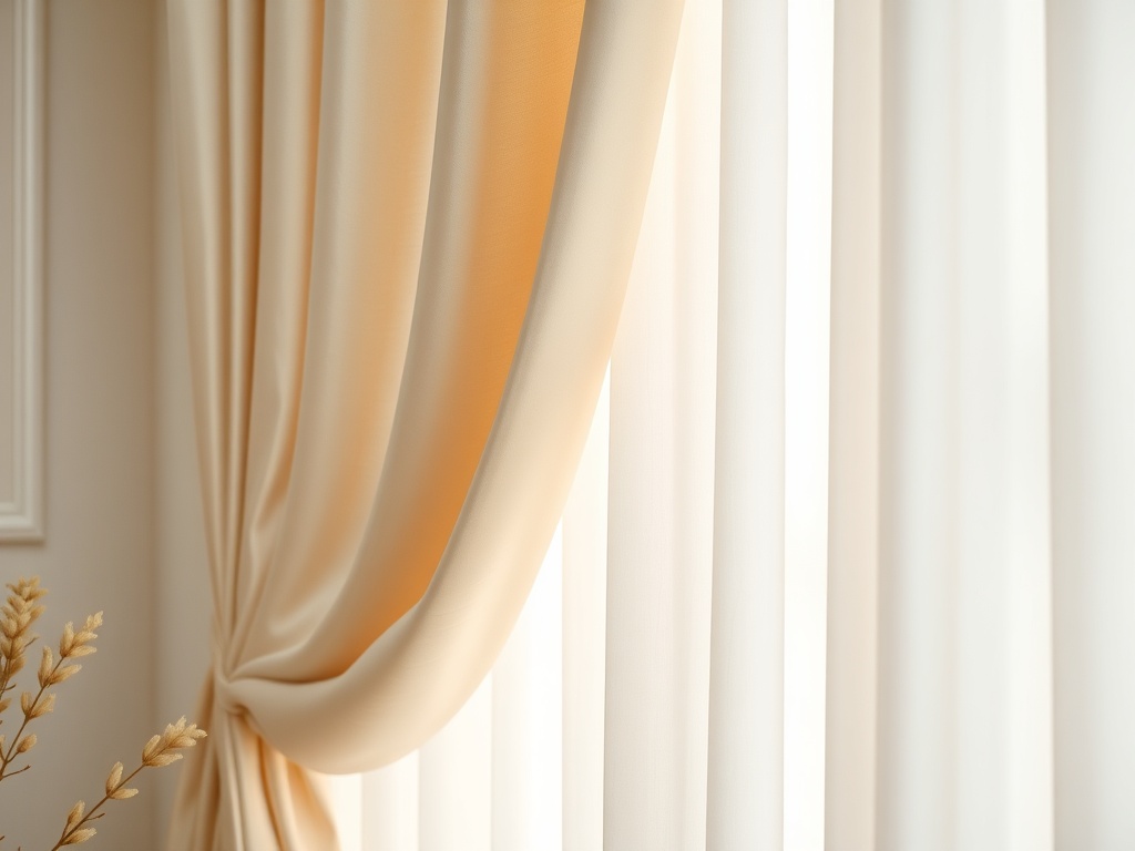 O fereastră cu draperii în nuanțe de crem și o perdea albă, luminate de soare, alături de flori uscate.