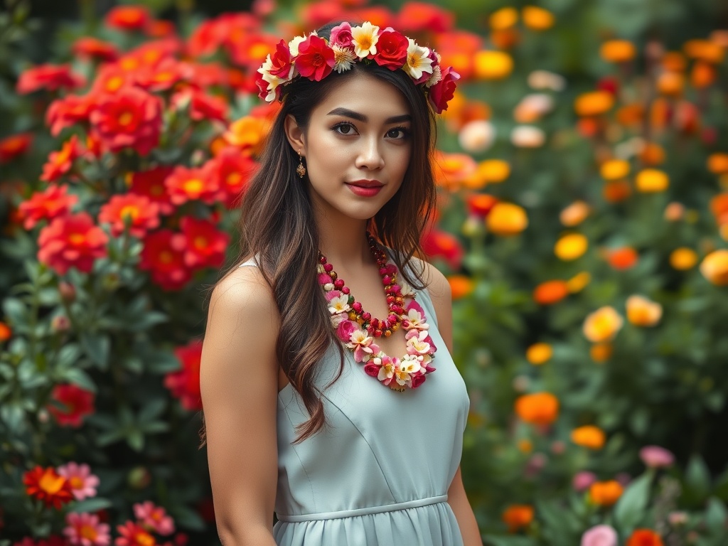 O tânără cu o coroană de flori, îmbrăcată elegant, stă în mijlocul unui câmp de flori colorate.